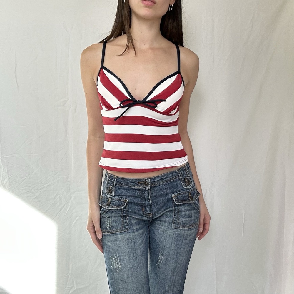 2000s Striped Tank Top Red White Bow Detail Y2K Americana